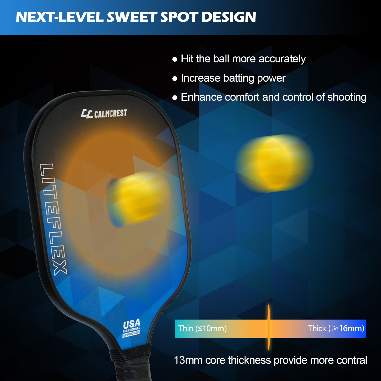 Bigger Sweet Spot, calmcrest pickleball paddles, 13mm thickness