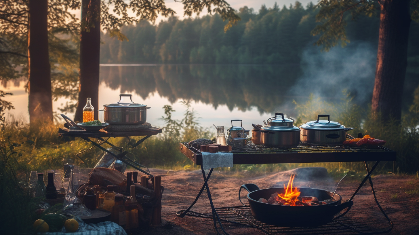 camping cooking, camping site, lake side, camping scene