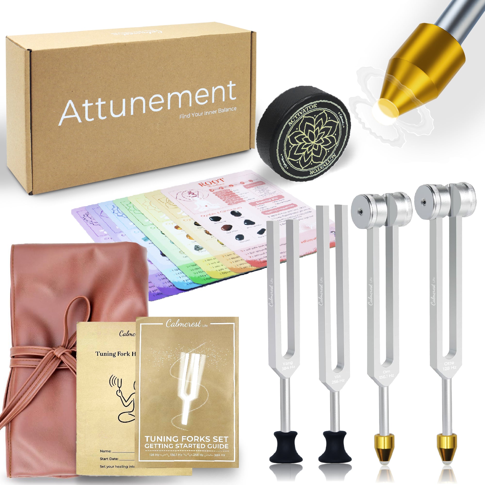 Tuning Forks for Healing Set with 7 Chakras Guide Cards (128Hz, 136.1Hz, 256Hz, 384Hz) – Weighted & Unweighted Premium Tuning Forks for Sound Therapy, Energy Balancing, Meditation & Chakra Healing