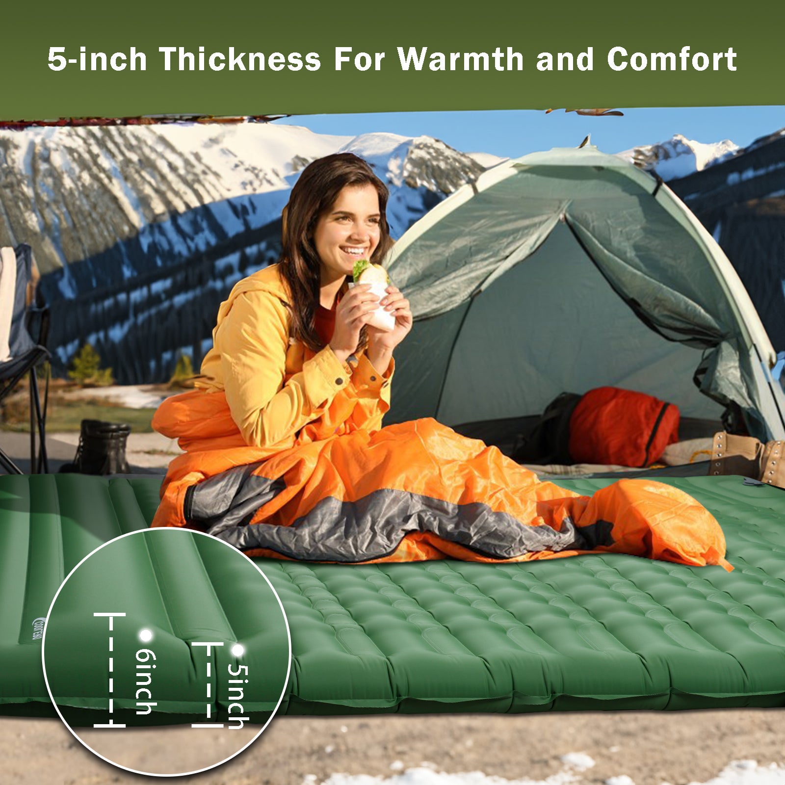  Windrest Double Inflatable Sleeping Pad, thickness, 5-inch, woman camping 